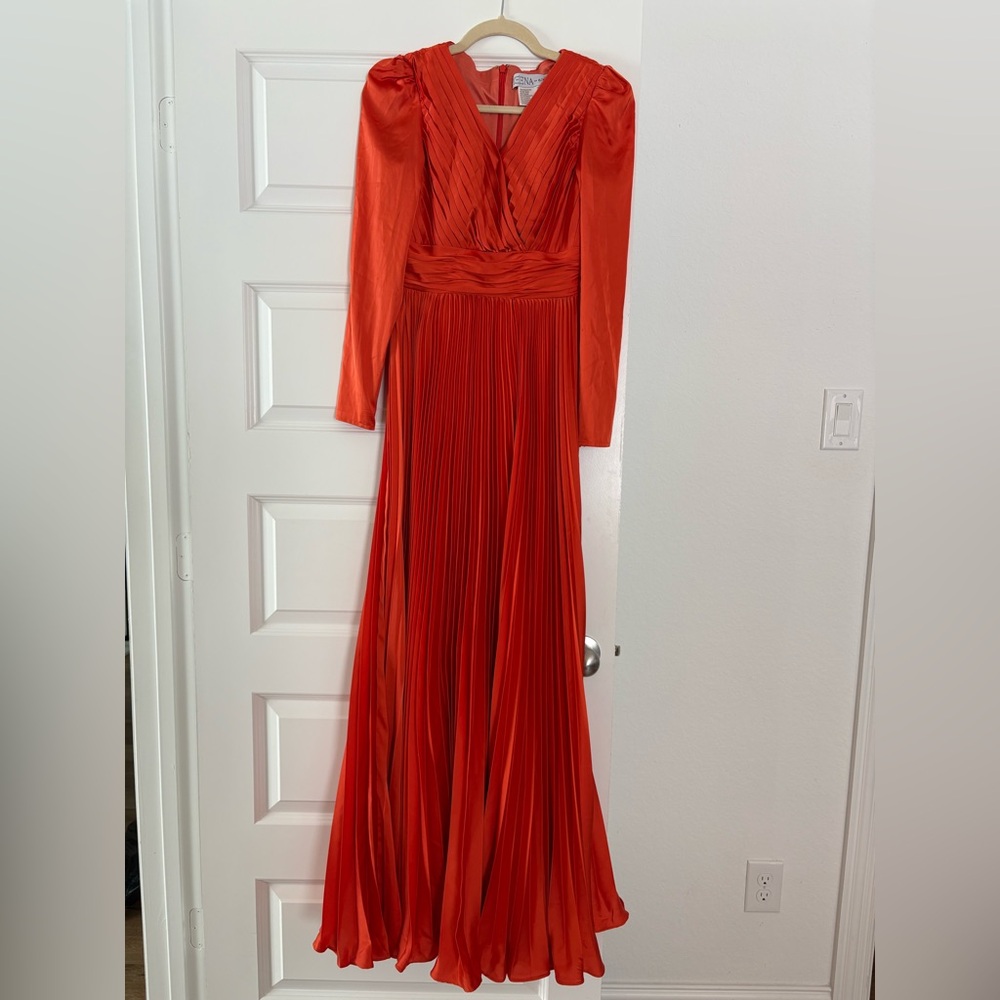 MOVING SALE! Mac Duggal | Orange Pleated Long Sleeve Formal Gown Dress